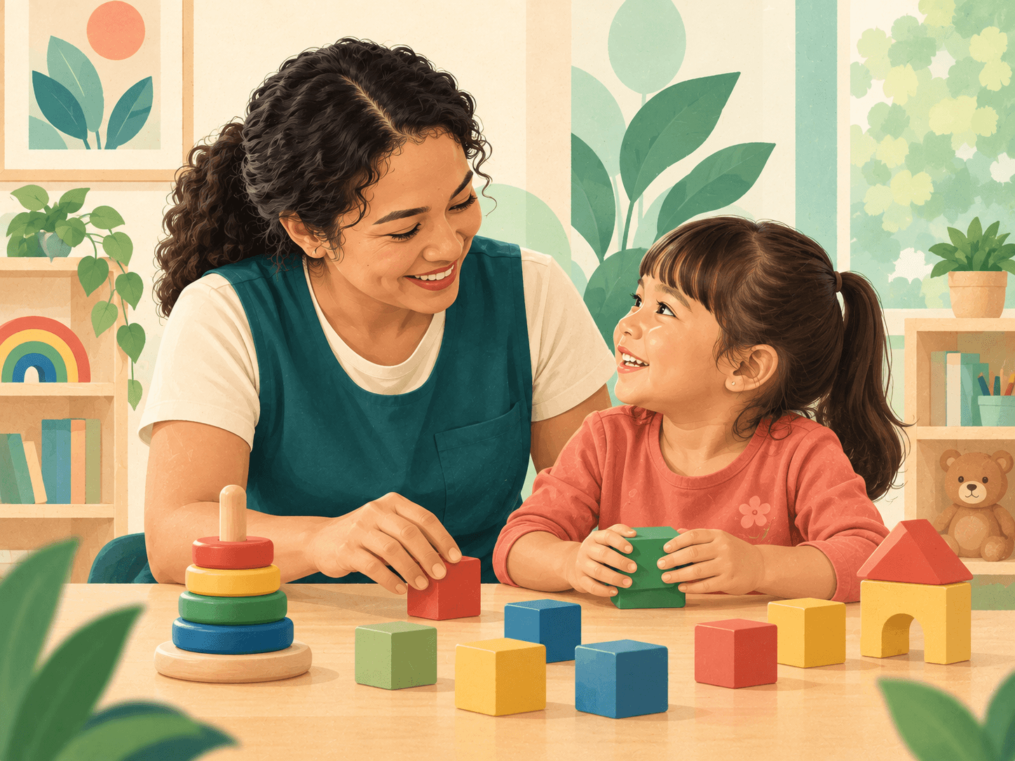 A child care professional learning through play with a child